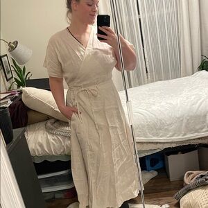 Handmade Linen Beige Wrap Midi Dress
